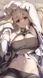 Rule 34 | 1girl, anchorage (azur lane), arm up, armpits, azur lane, bare shoulders, black neckwear, black shorts, blue coat, breasts, brown hair, cleavage, coat, commentary request, cowboy shot, crossed bangs, groin, hair between eyes, hair ornament, hayato rikin, headgear, highres, large breasts, long hair, long sleeves, looking at viewer, lying, midriff, navel, off shoulder, on back, parted lips, partial commentary, purple eyes, shadow, shirt, short shorts, shorts, sidelocks, sleeves past fingers, sleeves past wrists, solo, taut clothes, tied shirt, twintails, very long hair, white shirt, white sleeves, wide sleeves