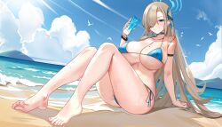 Rule 34 | 1girl, absurdres, alternate costume, ass, asuna (blue archive), bare shoulders, barefoot, beach, bikini, bird, blue archive, blue bikini, blue nails, blue sky, breasts, cloud, cloudy sky, feet, foot focus, hair over one eye, halo, highres, holding, large breasts, light brown hair, long hair, mole, mole on breast, open mouth, otakueden1995, outdoors, sky, smile, solo, swept bangs, swimsuit, thighs, toes