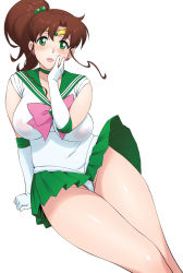 Rule 34 | 1990s (style), 1girl, bishoujo senshi sailor moon, bow, breasts, brown hair, choker, earrings, elbow gloves, female pubic hair, gloves, green eyes, green skirt, hand on own cheek, hand on own face, highres, huge breasts, jewelry, jinroku, kino makoto, long hair, magical girl, pink bow, plump, ponytail, pubic hair, pubic hair peek, retro artstyle, sailor jupiter, see-through, skirt, tiara, white background, white gloves