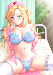 Rule 34 | 1girl, aqua eyes, arm support, ayase-mio, bed, blonde hair, blush, bra, breasts, cleavage, curtains, elf, frilled panties, frills, gluteal fold, hat, highres, lace, lace-trimmed legwear, lace trim, large breasts, light rays, lingerie, looking at viewer, navel, nurse, nurse cap, open clothes, open shirt, original, panties, parted lips, plant, pointy ears, sitting, solo, spread legs, sunbeam, sunlight, thighhighs, twintails, underwear