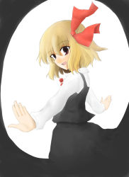 Rule 34 | 1girl, blonde hair, blue pony, bluepony, brown eyes, embodiment of scarlet devil, female focus, hair ribbon, necktie, outstretched arms, red eyes, ribbon, rumia, short hair, solo, spread arms, touhou