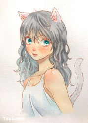 Rule 34 | 1girl, absurdres, animal ears, artist name, blue eyes, blush, cat ears, cat tail, grey hair, highres, long hair, looking at viewer, original, painting (medium), shirt, simple background, sleeveless, sleeveless shirt, solo, tail, traditional media, watercolor (medium), white background, white shirt, yamatotsubame