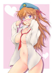 Rule 34 | 1girl, :p, bad id, bad pixiv id, beret, between breasts, blue eyes, bottomless, breasts, brown hair, cowboy shot, curvy, glasses, hair ornament, hair ribbon, hat, heart, large breasts, long hair, looking at viewer, naughty face, navel, necktie, onizuka takuto, open clothes, open shirt, original, outside border, pink-framed eyewear, pink background, red necktie, ribbon, shirt, solo, sparkle, standing, thighs, tongue, tongue out, two side up, uniform