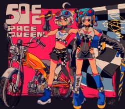Rule 34 | 2girls, absurdres, ahoge, arms up, belt, belt buckle, black border, black gloves, black jacket, black shorts, blue footwear, boots, border, breasts, buckle, checkered belt, checkered flag, closed umbrella, clothing cutout, cropped shirt, english text, flag, full body, gloves, goggles, goggles on head, grey hair, grey shirt, helmet, highres, holding, holding flag, holding umbrella, jacket, knee boots, long sleeves, looking at viewer, mago oowarawa, midriff, motor vehicle, motorcycle, motorcycle helmet, multiple girls, navel, off shoulder, open clothes, open jacket, original, outside border, race queen, red background, shirt, short hair, short shorts, shorts, signature, sleeveless, sleeveless shirt, small breasts, standing, star-shaped pupils, star (symbol), symbol-shaped pupils, thigh cutout, umbrella, zipper, zipper pull tab