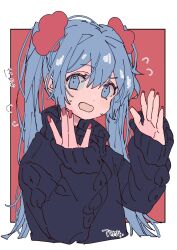 Rule 34 | 1girl, 3774., artist name, black sweater, blue eyes, blue hair, cable knit, cropped torso, fingernails, flying sweatdrops, hands up, hatsune miku, highres, light blush, long fingernails, long hair, long sleeves, nail polish, open mouth, red background, red nails, red scrunchie, scrunchie, sleeves past wrists, solo, sweat, sweater, twintails, upper body, vocaloid, white background
