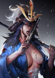 Rule 34 | 1girl, armor, ashina isshin, bandages, blood, blue eyes, blue hair, blue kimono, breasts, cleavage, genderswap, genderswap (mtf), gun, handgun, helmet, highres, japanese armor, japanese clothes, kabuto (helmet), kdash, kimono, large breasts, licking, one-eyed, samurai, sekiro: shadows die twice, solo, sword saint isshin, tongue, tongue out, weapon