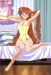 Rule 34 | 1girl, absurdres, adjusting hair, akira (viper), armpits, barefoot, bed, blush, breasts, cleavage, covered erect nipples, feet, highres, kimura takahiro, legs, long hair, naked towel, official art, pillow, red eyes, red hair, sitting, smile, solo, towel, very long hair, viper, viper v16