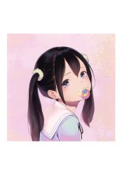 Rule 34 | 1girl, absurdres, black hair, black ribbon, blue eyes, blue shirt, blush, child, from side, hair between eyes, hair ornament, hair scrunchie, henreader, highres, looking at viewer, mouth hold, neck ribbon, non-web source, original, pacifier, pink background, ribbon, school uniform, scrunchie, serafuku, shirt, solo, striped clothes, striped scrunchie, twintails, upper body