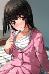 Rule 34 | 1girl, animal print, arm support, bed, black hair, blush, brown eyes, cat print, clothes pull, collarbone, highres, long hair, long sleeves, looking at viewer, matsunaga kouyou, on bed, open clothes, open mouth, open shirt, pajamas, pants, pink pants, pink shirt, print pants, print shirt, shirt, shirt pull, sick, sitting, sweat, thermometer, white shirt
