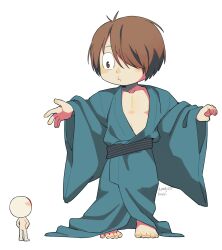Rule 34 | 2boys, absurdres, artist name, barefoot, blue kimono, brown eyes, brown hair, child, father and son, gegege no kitarou, hair over one eye, hands on own hips, highres, japanese clothes, kani6850, kimono, kitarou tanjou: gegege no nazo, medama oyaji, multiple boys, oversized clothes, simple background, standing, white background
