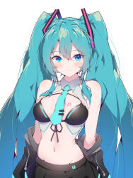 Rule 34 | 1girl, adapted costume, alternate eye color, aqua hair, aqua necktie, bare shoulders, bikini, blue eyes, blush, breasts, collared shirt, cowboy shot, crop top, double-parted bangs, front-tie bikini top, front-tie top, groin, hair between eyes, halkawa501, hatsune miku, highres, long hair, looking at viewer, lowleg, lowleg skirt, medium breasts, navel, necktie, open clothes, open shirt, shirt, simple background, skirt, sleeveless, sleeveless shirt, smile, solo, swimsuit, twintails, undressing, very long hair, vocaloid, white background