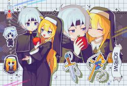 Rule 34 | 1boy, 1girl, absurdres, blonde hair, blue eyes, blush, closed eyes, closed mouth, grey hair, headband, highres, long hair, looking at another, nun, offbeat, open mouth, puyopuyo, schezo wegey, short hair, smile, witch (puyopuyo)