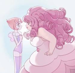 Rule 34 | 2girls, alternate costume, bad id, bad pixiv id, blush, breasts, brown hair, chuong, dress, drill hair, eye contact, flat chest, forehead jewel, gem, large breasts, leotard, looking at another, multiple girls, pale skin, pearl (steven universe), pink hair, plump, rose quartz universe, short hair, steven universe, thighhighs, yuri