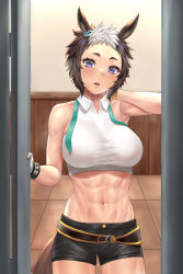 Rule 34 | 1girl, abs, absurdres, animal ears, arm behind head, arm up, armpits, bare shoulders, black shorts, blush, breasts, brown hair, collarbone, collared shirt, commentary request, cowboy shot, crop top, cropped shirt, door, doorway, ear ornament, ear piercing, gloves, green necktie, groin, highres, horse ears, horse girl, horse tail, indoors, large breasts, looking at viewer, mejiro ryan (umamusume), midriff, multicolored hair, navel, necktie, opening door, parted lips, partial commentary, piercing, pov doorway, purple eyes, shirt, short hair, short shorts, shorts, sidelocks, solo, standing, stmoon, sweat, tail, taut clothes, taut shirt, teeth, two-tone hair, umamusume, undone necktie, upper teeth only, white gloves, white hair, white shirt
