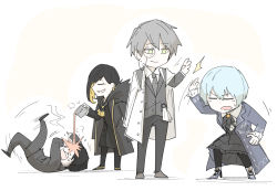 Rule 34 | 2boys, 2girls, angela (project moon), binah (project moon), black hair, blonde hair, blue hair, chibi, closed eyes, coat, coat on shoulders, cup, earrings, formal, full body, grey hair, hand on own hip, high heels, hokma (project moon), hot, jewelry, kankan33333, library of ruina, light blue hair, mole, mole under eye, monocle, multicolored hair, multiple boys, multiple girls, necktie, open mouth, pants, pouring onto another, project moon, roland (project moon), shirt, shooing, simple background, sketch, smile, standing, suit, sweatdrop, teacup, tie clip, two-tone hair, white background, white shirt, yellow eyes