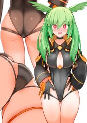 Rule 34 | 1girl, adjusting clothes, adjusting swimsuit, ass, black one-piece swimsuit, blush, breasts, cleavage, cleavage cutout, clothing cutout, commentary request, embarrassed, fate/grand order, fate (series), from behind, from below, gloves, gluteal fold, green hair, head wings, highleg, highleg swimsuit, highres, jacket, large breasts, long sleeves, looking at viewer, multiple views, olrun (fate), one-piece swimsuit, open mouth, red eyes, short hair, simple background, swimsuit, thigh gap, thighs, valkyrie (fate), white background, wings, yoosai