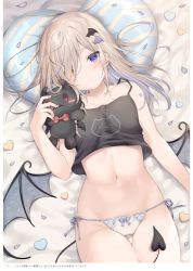 Rule 34 | 1girl, absurdres, bare arms, bare shoulders, bat wings, bed sheet, black camisole, blue hair, blush, bow, bow panties, brown hair, camisole, closed mouth, cowboy shot, crop top, demon girl, demon tail, demon wings, detached wings, dutch angle, gluteal fold, grey wings, groin, hair ornament, hair over one eye, hairclip, heterochromia, highres, holding, holding stuffed toy, long hair, looking at viewer, lying, mafuyu (chibi21), midriff, multicolored hair, navel, no pants, on back, original, panties, pillow, purple eyes, scan, side-tie panties, solo, streaked hair, striped pillow, stuffed animal, stuffed toy, tail, thigh gap, third-party edit, translation request, twitter username, underwear, white panties, wing hair ornament, wings, yellow eyes