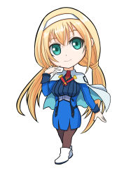 Rule 34 | absurdres, black pantyhose, blonde hair, blue dress, capelet, chibi, dress, earrings, green eyes, hairband, highres, jewelry, long hair, low twintails, military, military uniform, mitsuba greyvalley, pantyhose, red neckwear, solo, super robot wars, super robot wars 30, triangle earrings, troy (oxaa01ex), twintails, uniform, white capelet, white footwear, white hairband