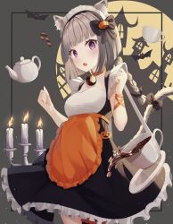 Rule 34 | 1girl, animal, animal ear fluff, animal ears, apron, bat (animal), bat hair ornament, black bow, black skirt, black thighhighs, bow, braid, breasts, candle, candlestand, cat ears, cat girl, cat tail, coffee, commentary, cup, english commentary, fire, frilled apron, frilled skirt, frilled thighhighs, frills, hair ornament, halloween, hands up, highres, kimi (jxrm5387), long hair, medium breasts, orange apron, original, shirt, single thighhigh, skirt, solo, tail, tail bow, tail ornament, tail raised, thighhighs, waist apron, white shirt