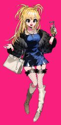 Rule 34 | 1girl, 2pineapplepizza, amane misa, bag, black eyes, black jacket, blonde hair, blue dress, blush, boots, breasts, cross, cross necklace, cup, death note, disposable cup, dress, drinking straw, fishnet thighhighs, fishnets, garter straps, highres, holding, holding cup, jacket, jewelry, knee boots, korean commentary, long hair, necklace, open mouth, pink background, simple background, solo, striped clothes, striped dress, thighhighs, two side up