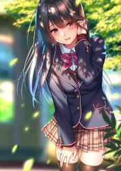 Rule 34 | 1girl, :d, black hair, black thighhighs, blazer, blue jacket, blush, bow, bowtie, brown skirt, brown sweater, collared shirt, commentary request, day, hair between eyes, tucking hair, highres, jacket, leaning forward, long hair, long sleeves, open mouth, original, outdoors, piromizu, plaid, plaid skirt, pleated skirt, red bow, red bowtie, school uniform, shade, shirt, sidelocks, skindentation, skirt, smile, solo, sunlight, sweater, thighhighs, tree, very long hair, white shirt, zettai ryouiki