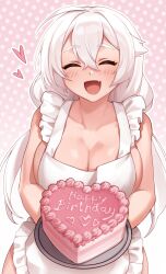 Rule 34 | 1girl, :d, ^ ^, apron, blush, breasts, cleavage, closed eyes, collarbone, commentary, english commentary, facing viewer, fang, hair between eyes, happy birthday, heart, heart-shaped cake, highres, iwbitu, large breasts, long hair, naked apron, nyopu, open mouth, original, outline, paid reward available, pink background, polka dot, polka dot background, simple background, skin fang, smile, solo, white apron, white hair, white outline