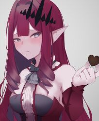 1girl baobhan_sith_(fate) baobhan_sith_(first_ascension)_(fate) bare_shoulders blush breasts chocolate detached_sleeves dress fate/grand_order fate_(series) food frilled_dress frills grey_eyes hair_ornament hand_up highres holding holding_chocolate holding_food long_hair looking_at_viewer pink_hair pointy_ears red_dress solo white_background zakiz4kisos0