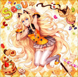 Rule 34 | 1girl, animal ears, blonde hair, blue eyes, bow, bracelet, cake, candy, cat, cream puff, dessert, food, headset, jewelry, junji (pixiv579990), long hair, pastry, pocky, pretzel, seeu, skirt, smile, solo, thighhighs, very long hair, vocaloid, white thighhighs, zettai ryouiki
