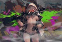 Rule 34 | 1girl, abstract background, bag, bare shoulders, black gloves, black shorts, bra, braid, breasts, cleavage, collarbone, explosive, fingerless gloves, gas mask, gloves, graffiti, grenade, grey hair, gun, hair over shoulder, highres, holding, holding gun, holding weapon, hood, hood up, hooded jacket, jacket, long hair, looking at viewer, mask, navel, off shoulder, open clothes, original, over shoulder, partially fingerless gloves, rifle, rsef, short shorts, shorts, simple background, sleeves rolled up, smoke, sniper rifle, solo, standing, stomach, underwear, weapon, weapon over shoulder