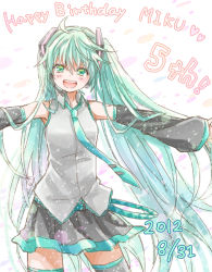 Rule 34 | 10s, 1girl, 2012, bad id, bad pixiv id, character name, dated, detached sleeves, green eyes, green hair, happy birthday, hatsune miku, long hair, matching hair/eyes, momomochi, necktie, open mouth, outstretched arms, skirt, solo, spread arms, thighhighs, twintails, very long hair, vocaloid