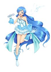Rule 34 | 1girl, absurdres, beautiful witch sakuran, blue dress, blue eyes, blue footwear, blue gloves, blue hair, dress, frilled dress, frills, full body, gloves, hair ornament, highres, houshou hanon, idol, jewelry, long hair, looking at viewer, mermaid melody pichi pichi pitch, microphone, necklace, one eye closed, signature, simple background, smile, solo, star (symbol), star hair ornament, wavy hair, white background