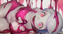 Rule 34 | 1girl, absurdres, highres, ibuo (ibukht1015), long hair, looking at viewer, lying, navel, nude, on side, open mouth, original, pink eyes, signature, slime (substance), solo, teeth, white hair