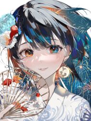 Rule 34 | 1girl, black hair, brown eyes, commentary, earrings, fingernails, fireworks, fish, hair between eyes, hand fan, highres, holding, holding fan, japanese clothes, jewelry, kimono, long hair, mizumi zumi, moon, nail polish, original, parted lips, portrait, red nails, shadow, sidelocks, simple background, smile, solo, symbol-only commentary, upper body, white background, white kimono
