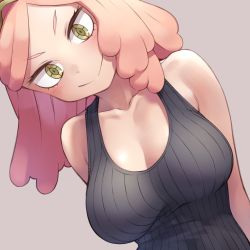 Rule 34 | &gt;:), 1girl, bare shoulders, black shirt, blush, boku no hero academia, breasts, cleavage, closed mouth, collarbone, hatsume mei, head tilt, large breasts, long hair, looking at viewer, mochi (mochi444420), pink hair, revision, ribbed shirt, shirt, smile, solo, symbol-shaped pupils, tank top, upper body, v-shaped eyebrows, yellow eyes