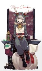 Rule 34 | 1girl, add (fate), animal costume, bell, belt, birdcage, black gloves, blush, boots, bow, buckle, cage, christmas, christmas tree, collar, commentary, cookie, creature, csyday, english commentary, english text, fate/grand order, fate (series), fireplace, food, fur trim, gloves, gray (fate), green bow, green eyes, grey hair, hair between eyes, highres, hood, hood up, hooded, looking at viewer, lord el-melloi ii case files, merry christmas, milk, multicolored bow, neck bell, red bow, reindeer costume, saint quartz (fate), short hair, sitting, smile, socks