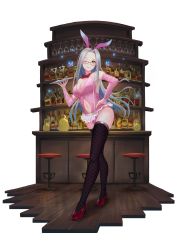 Rule 34 | 1girl, absurdres, alcohol, alternate costume, animal ears, azur lane, bar (place), bare shoulders, black thighhighs, blue butterfly, bow, breasts, bug, butterfly, c.h.a, cleavage, clothing cutout, detached sleeves, extra digits, fake animal ears, fishnet thighhighs, fishnets, full body, grey hair, highres, holding, holding tray, insect, large breasts, leotard, long hair, looking at viewer, manjuu (azur lane), microskirt, navel, navel cutout, one eye closed, pink leotard, pink sleeves, playboy bunny, rabbit ears, red bow, red footwear, semi-rimless eyewear, shangri-la (azur lane), shoes, skirt, solo, thighhighs, tray, tutu, wooden floor, yellow eyes
