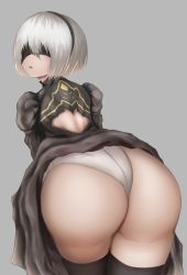 Rule 34 | 1girl, android, ass, black dress, blindfold, dress, from behind, hairband, highres, huge ass, leaning, leaning forward, leotard, nier (series), nier:automata, open mouth, parted lips, short hair, silver hair, skirt, skirt aside, solo, thighhighs, uhoon, 2b (nier:automata)
