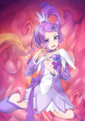 Rule 34 | 1girl, boots, breasts, brooch, choker, cure sword, dokidoki! precure, dress, earrings, hair ornament, heart, heart brooch, highres, jewelry, kenzaki makoto, long hair, magical girl, open mouth, ponytail, precure, purple eyes, purple hair, purple skirt, ribbon, skirt, small breasts, solo, spade, spade (shape), spade earrings, spade hair ornament, spread legs, tentacles, thigh boots, thighhighs, tsurime, wacchi
