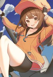 Rule 34 | 1girl, adjusting clothes, adjusting headwear, anchor, bike shorts, black gloves, black shorts, blush, brown hair, cabbie hat, cloud, cloudy sky, fingerless gloves, gloves, guilty gear, guilty gear strive, hat, hat ornament, highres, holding, holding anchor, hood, hoodie, long hair, long sleeves, looking at viewer, may (guilty gear), no ko 33, open mouth, orange eyes, orange headwear, orange hoodie, shorts, skull and crossbones, skull hat ornament, sky, smile