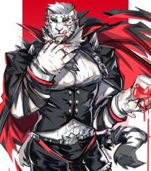 Rule 34 | arknights, blood, blood on hands, chain, furry, furry male, glass, graysheartart, highres, mountain (arknights), mountain (dark cloud) (arknights), scar, scar across eye, scar on face, solo, tiger boy, white fur