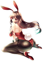 1girl amane_ruri animal_ears ass back bare_arms bare_back bare_shoulders black_pantyhose brown_eyes brown_hair fake_animal_ears female_focus floating_hair full_body high_heels highres legs leotard long_hair looking_at_viewer original pantyhose playboy_bunny rabbit rabbit_ears revision sitting solo wariza