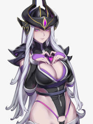 Rule 34 | 1girl, breasts, cleavage, cleavage cutout, clothing cutout, diadem, fingerless gloves, gloves, heart, highres, kumiko shiba, large breasts, league of legends, long hair, looking at viewer, pink eyes, revealing clothes, silver hair, simple background, solo, syndra, tagme, very long hair, white background