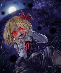 Rule 34 | 1girl, blonde hair, blood, blood on clothes, blood on hands, blouse, darkness, evil smile, fangs, full moon, misaki (kyal 001), moon, night, open mouth, red eyes, rumia, sharp teeth, shirt, short hair, skirt, smile, teeth, touhou, vest