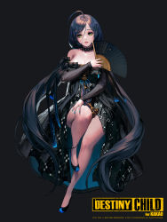 Rule 34 | ahoge, bare shoulders, bari (destiny child), black background, breasts, brown hair, cleavage, destiny child, full body, highres, hyulla, korean clothes, leg lift, lips, long hair, looking at viewer, mole, mole under mouth, nail polish, original, simple background, solo, thighs, very long hair, yellow eyes