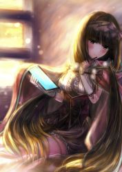Rule 34 | 1girl, arm warmers, black hair, blush, brown hair, cloak, commentary request, corset, fate/grand order, fate (series), frilled skirt, frills, gradient hair, hair bobbles, hair ornament, hair ribbon, hairband, hamamoto shiyuu, head tilt, hood, hood down, hooded cloak, long hair, looking at viewer, multicolored hair, osakabehime (fate), purple eyes, purple skirt, ribbon, sitting, skirt, smile, solo, stylus, tablet pc, twintails, very long hair