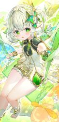 Rule 34 | 1girl, bracelet, child, commentary, cross-shaped pupils, dress, full body, genshin impact, green eyes, green hair, green nails, hair ornament, highres, jewelry, kiramarukou, looking at viewer, medium hair, multicolored hair, nahida (genshin impact), open mouth, pointy ears, side ponytail, sitting, sleeveless, sleeveless dress, solo, stirrup footwear, streaked hair, symbol-only commentary, symbol-shaped pupils, thighs, toeless footwear, white dress, white hair