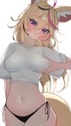 Rule 34 | 1girl, animal ears, black panties, blonde hair, breasts, commentary request, cowboy shot, fox ears, fox girl, fox tail, grabbing own breast, highres, hololive, long hair, looking at viewer, medium breasts, multicolored hair, naughty face, navel, no pants, omaru polka, panties, pink hair, purple eyes, shirt, smirk, streaked hair, tail, taut clothes, taut shirt, underwear, virtual youtuber, white background, white shirt, yuuppi