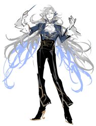 Rule 34 | 1boy, argalia (project moon), ascot, black pants, blue eyes, conductor, full body, grin, hands up, high-waist pants, highres, library of ruina, long hair, looking at viewer, pants, project moon, remsrar, simple background, sketch, smile, solo, standing, very long hair, white ascot, white background, white hair