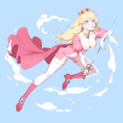 Rule 34 | 1girl, blonde hair, blue eyes, boots, bracelet, breasts, cape, cleavage, crown, dress, earrings, female focus, full body, gloves, highres, holding, holding sword, holding weapon, jewelry, blue background, long hair, looking at viewer, mario (series), medium breasts, nintendo, parted lips, pink cape, pink dress, princess peach, red footwear, solo, sword, syertse, teeth, thighhighs, weapon, white gloves, white thighhighs