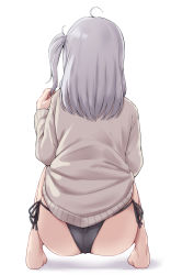 Rule 34 | 1girl, absurdres, ass, barefoot, black panties, commentary request, from behind, full body, grey hair, grey sweater, highres, kantai collection, kiritto, long hair, no pants, one side up, panties, side-tie panties, simple background, solo, squatting, suzutsuki (kancolle), sweater, underwear, white background